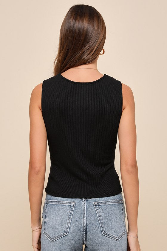 Effortless Potential Black Ribbed Lace Button-Front Tank Top