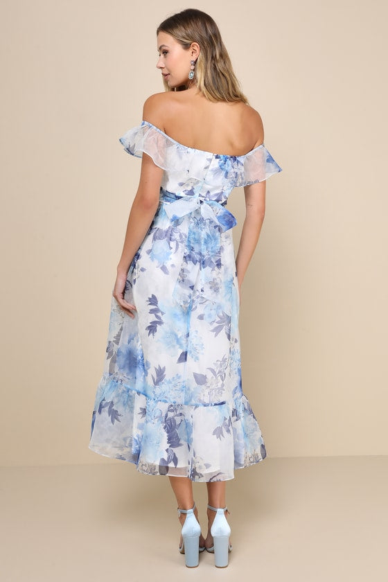 Sweet Composure White Floral Organza Off-the-Shoulder Midi Dress