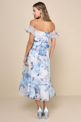 Sweet Composure White Floral Organza Off-the-Shoulder Midi Dress
