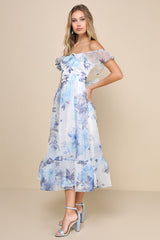 Sweet Composure White Floral Organza Off-the-Shoulder Midi Dress