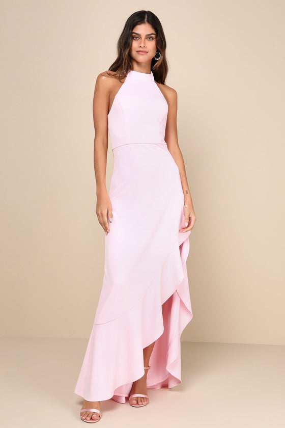 Majestic Perfection Light Pink Ruffled Halter Maxi Dress