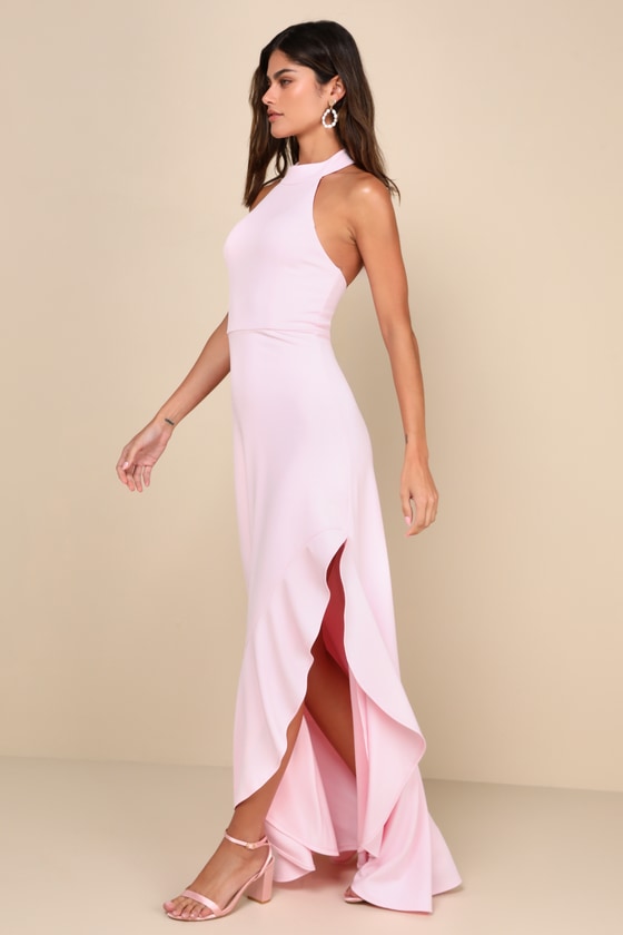 Majestic Perfection Light Pink Ruffled Halter Maxi Dress