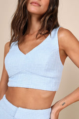 Chic and Sophisticated Light Blue Tweed Cropped Tank Top