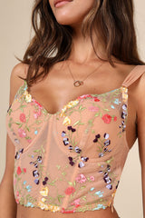 Sultry Beauty Beige Floral Embroidered Mesh Bustier Top