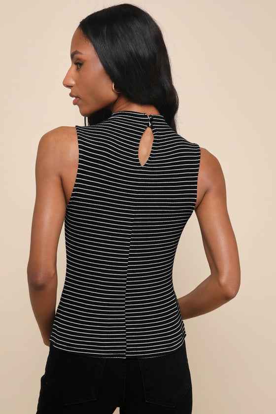 Irresistibly Chic Black Striped Funnel Neck Tank Top