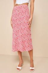 Up and Coming Cutie Coral Pink Floral Print Midi Skirt