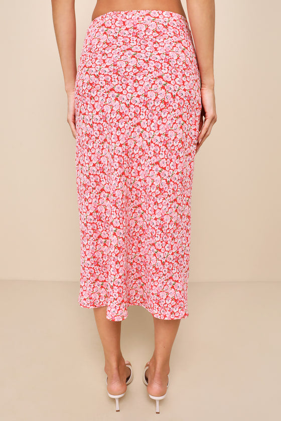 Up and Coming Cutie Coral Pink Floral Print Midi Skirt