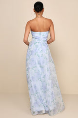 Charming Sweetness Periwinkle Floral Organza Pleated Maxi Dress