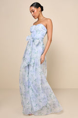 Charming Sweetness Periwinkle Floral Organza Pleated Maxi Dress