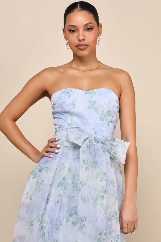 Charming Sweetness Periwinkle Floral Organza Pleated Maxi Dress