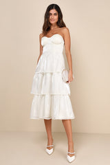Com-pleat-ly Charming Ivory Organza Tiered Strapless Midi Dress