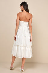 Com-pleat-ly Charming Ivory Organza Tiered Strapless Midi Dress