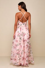 Romance That Wows Blush Floral Print Organza Maxi Dress