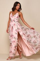 Romance That Wows Blush Floral Print Organza Maxi Dress