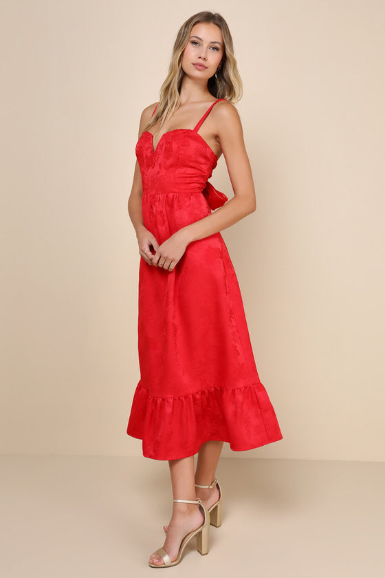 Major Perfection Red Floral Jacquard Midi Dress with Pockets