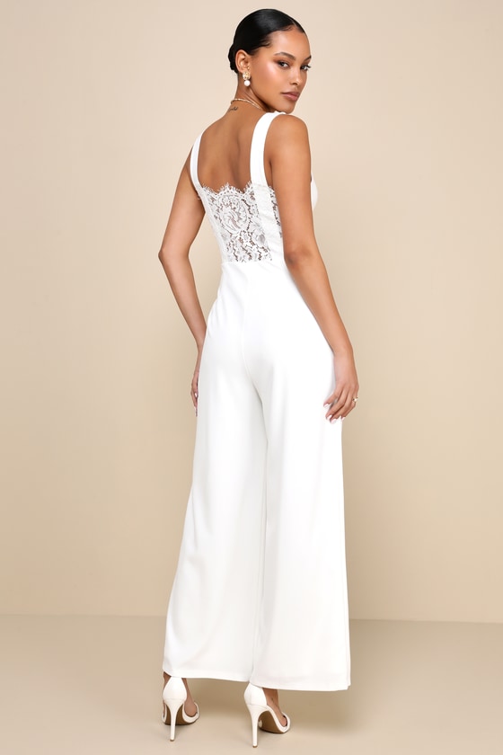 Sweet Eloquence White Lace Back Sleeveless Wide-Leg Jumpsuit