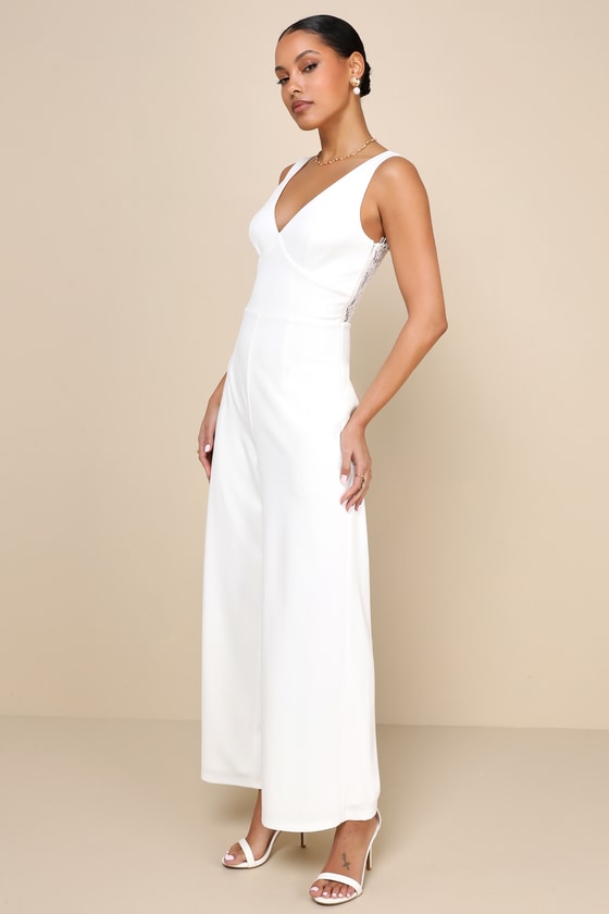Sweet Eloquence White Lace Back Sleeveless Wide-Leg Jumpsuit