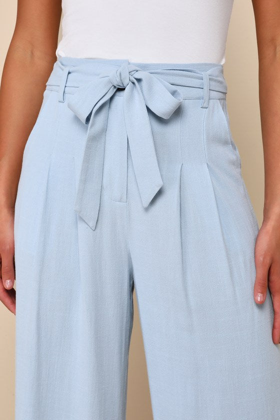 Trend Alert Light Blue Belted High-Waisted Wide-Leg Pants