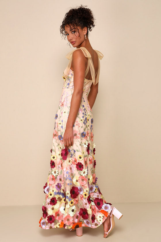 Thriving Poise Blush 3D Floral Embroidered Tie-Strap Maxi Dress