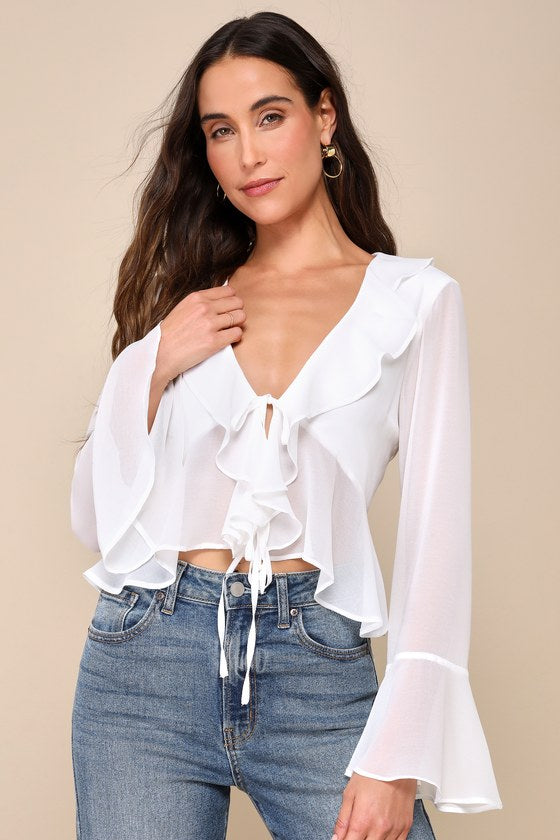 Thriving Flirt White Chiffon Ruffled Long Sleeve Tie-Front Top