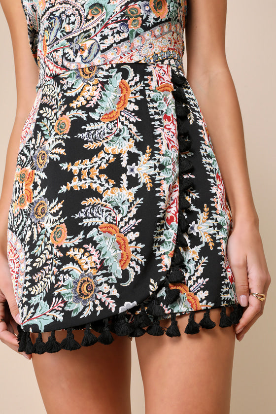 Bohemian Perfection Black Boho Floral Strapless Tasseled Romper