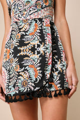 Bohemian Perfection Black Boho Floral Strapless Tasseled Romper