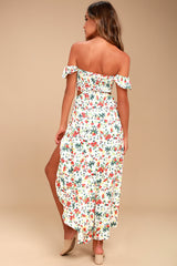 Easy on the Eyes Cream Floral Print Off-the-Shoulder Maxi Dress
