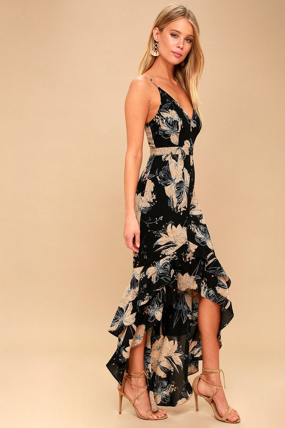 Darling Daylily Black Floral Print High-Low Maxi Dress