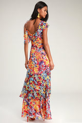 Radiant Ruby Red Floral Print Chiffon Maxi Dress