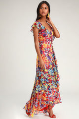 Radiant Ruby Red Floral Print Chiffon Maxi Dress
