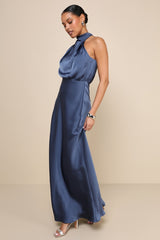 Distinctive Charm Slate Blue Satin Asymmetrical Maxi Dress