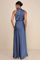 Distinctive Charm Slate Blue Satin Asymmetrical Maxi Dress