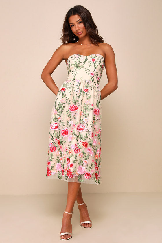 Endless Praise Beige Floral Embroidered Strapless Midi Dress