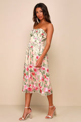 Endless Praise Beige Floral Embroidered Strapless Midi Dress