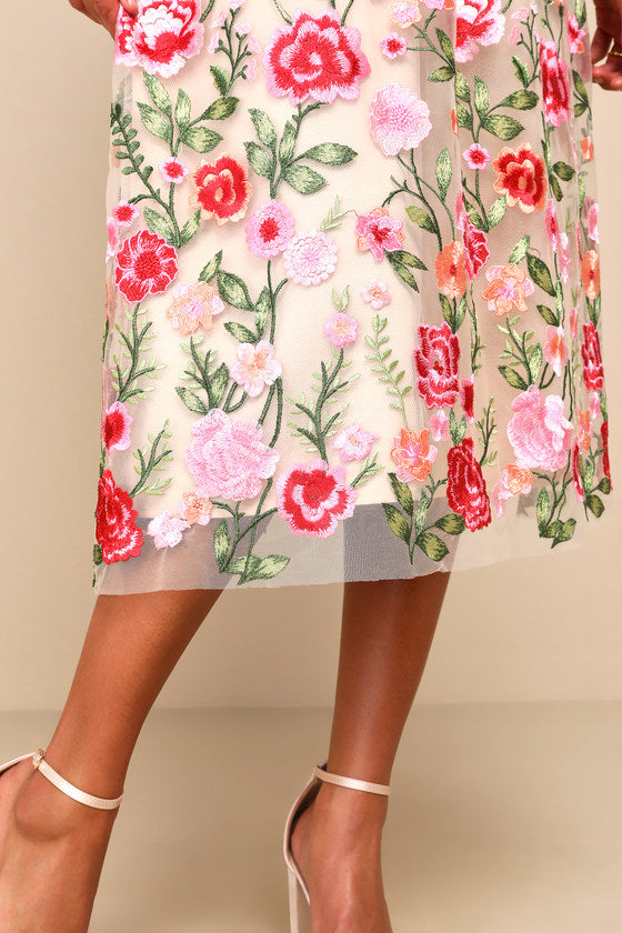 Endless Praise Beige Floral Embroidered Strapless Midi Dress