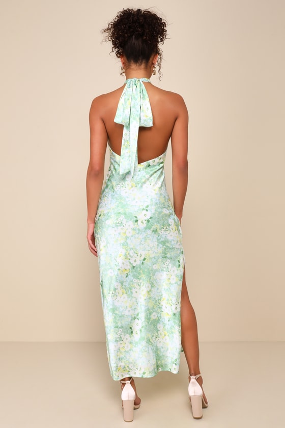 Glowing Presence Light Green Floral Satin Halter Maxi Dress