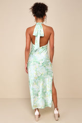 Glowing Presence Light Green Floral Satin Halter Maxi Dress