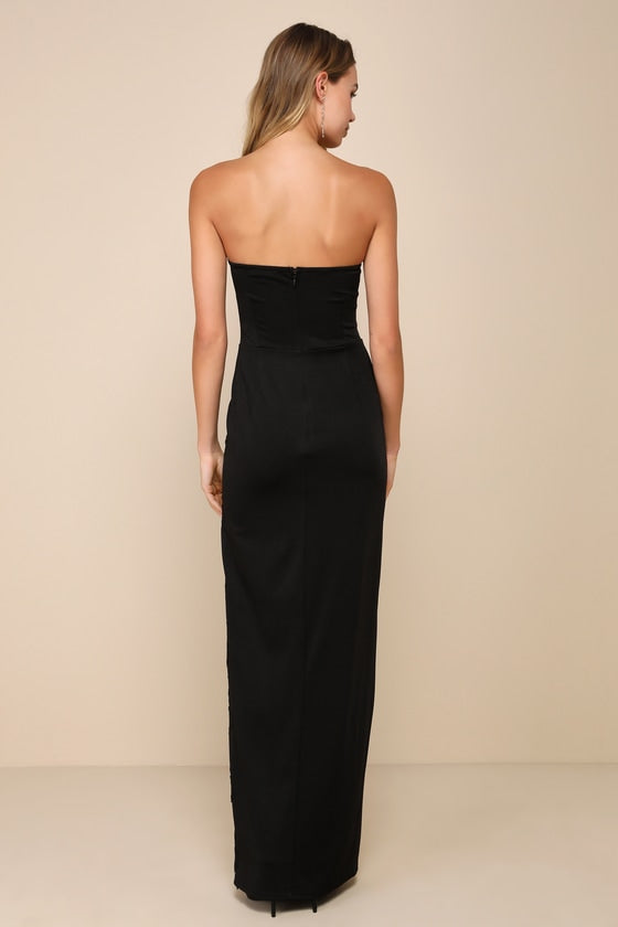 Elegant Mood Black 3D Floral Applique Strapless Maxi Dress