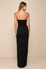 Elegant Mood Black 3D Floral Applique Strapless Maxi Dress