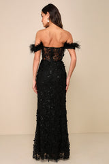 Midnight Sparkle Black Embroidered Feather Bustier Maxi Dress