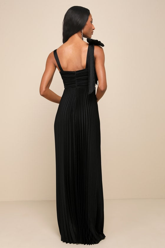 Gorgeous Purpose Black Satin Pleated Sleeveless Bow Maxi Dress