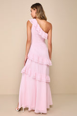 Brilliant Grace Light Pink Ruffled One-Shoulder Maxi Dress