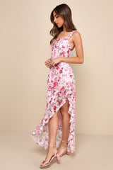 Lovable Spirit Pink Floral Burnout Ruffled High-Low Maxi Dress
