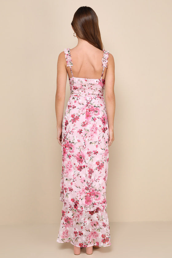Lovable Spirit Pink Floral Burnout Ruffled High-Low Maxi Dress