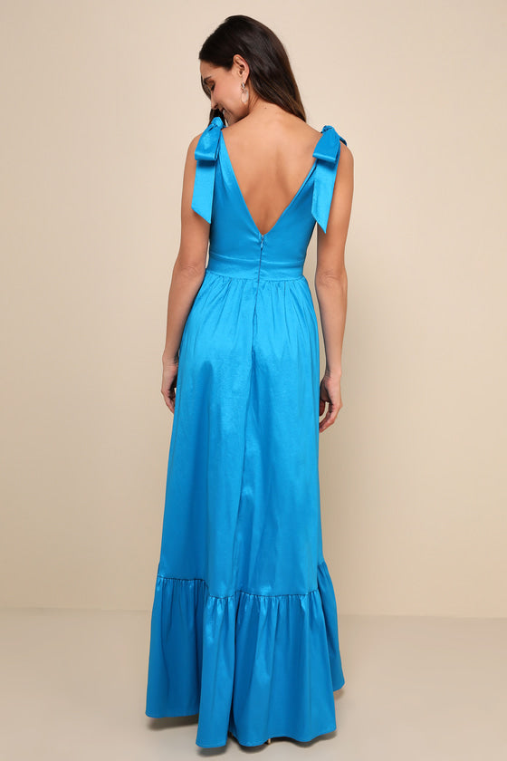 Rare Charm Teal Blue Taffeta Tie-Strap Maxi Dress With Pockets