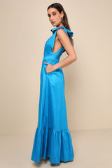Rare Charm Teal Blue Taffeta Tie-Strap Maxi Dress With Pockets