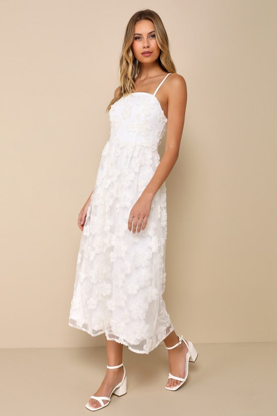 Delightful Charisma White Embroidered Sequin Mesh Midi Dress