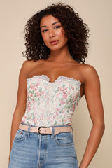 Flirtatious Flowers Cream Floral Lace Strapless Bustier Bodysuit