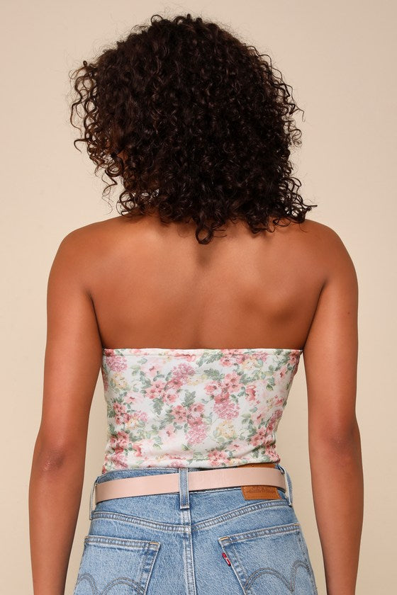 Flirtatious Flowers Cream Floral Lace Strapless Bustier Bodysuit
