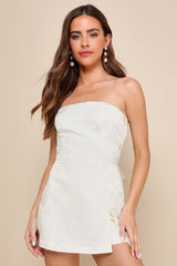 Charming Ideal Ivory Jacquard Organza Strapless Tie-Back Romper